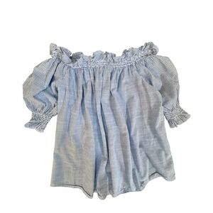St Johns Bay Womens Blue White Striped Off Shoulder Ruffle Smocked Top Large